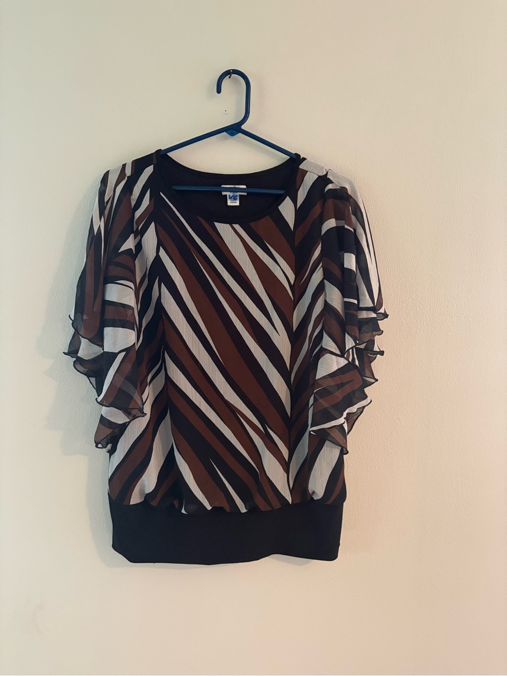 Cato Brown, Black & Cream Striped Flutter Sleeve Blouse